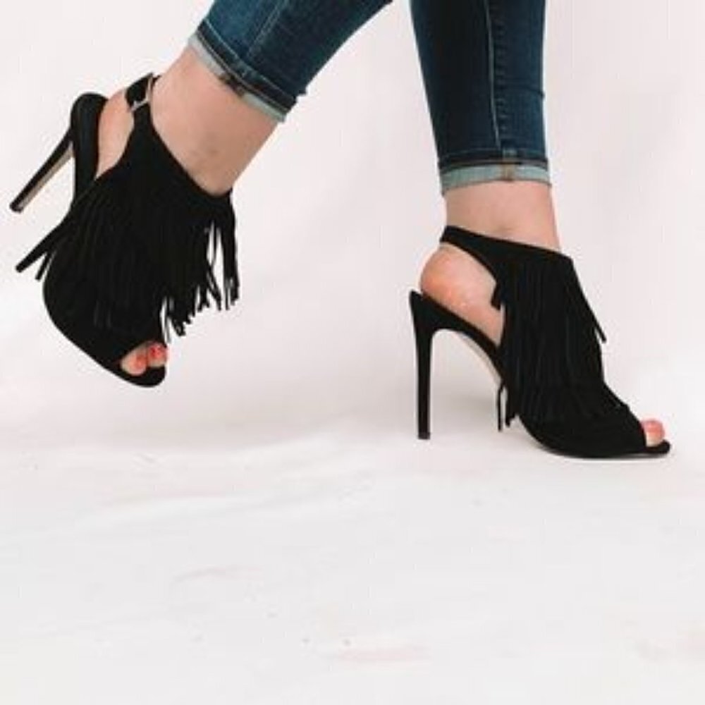 Topshop Black Fringe Stiletto Peep Toe‎ Heels 6